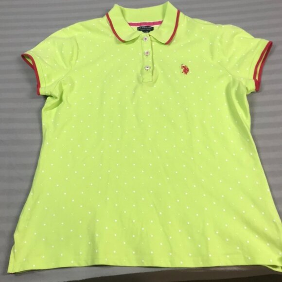 U.S. Polo Assn. Polo Shirt Women’s Large Lime Green Pink Embroidered Polka Dot - Picture 2 of 10